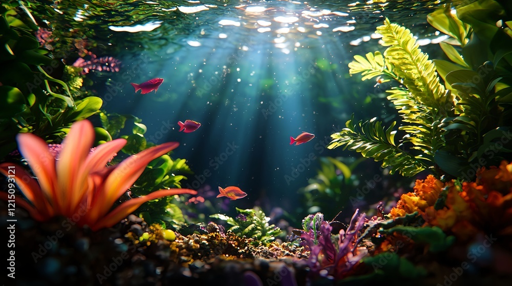 Naklejka premium Vibrant Underwater Scene with Sunlight and Colorful Fish and Plants
