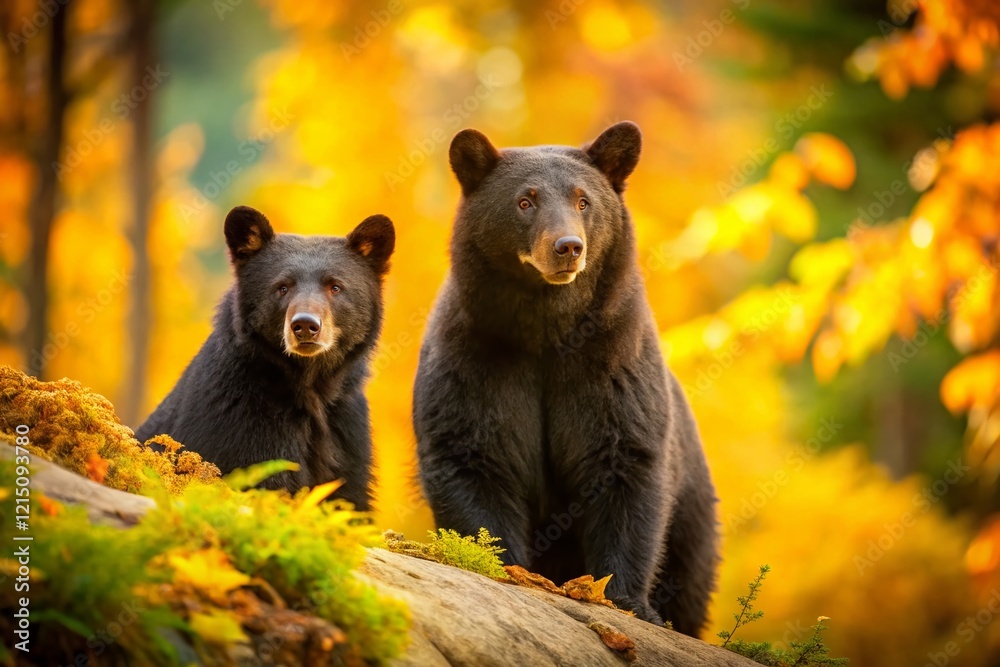 Majestic Black Bears in Golden Autumn Forest - Wildlife Stock Photo Majestic Black Bears in Golden Autumn Forest - Wildlife Stock Photo