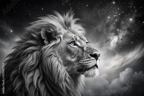 Majestic Black and White Lion Profile, Night Photography Stock Photo