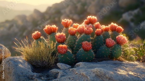 Fototapeta Naklejka Na Ścianę i Meble -  Blooming prickly pear cacti sunset rocks landscape