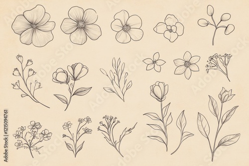 Hand-drawn botanical illustrations featuring diverse flowers and foliage on a textured paper background, ideal for nature-themed projects, crafts, and design work.