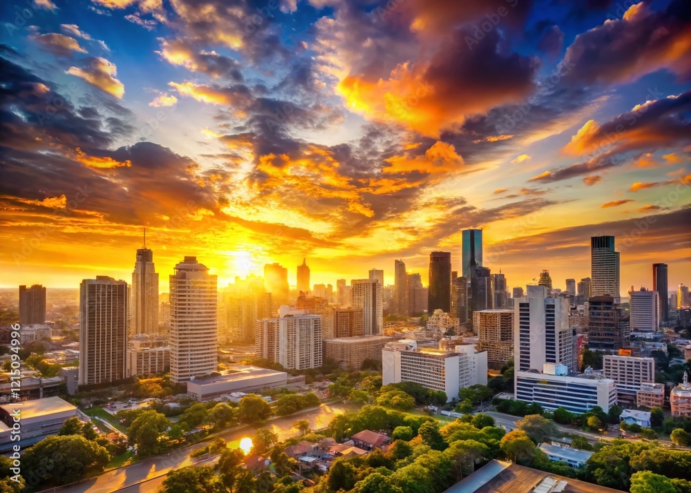 Fototapeta premium Majestic City Skyline at Sunrise, Golden Hour Urban Landscape with Copy Space