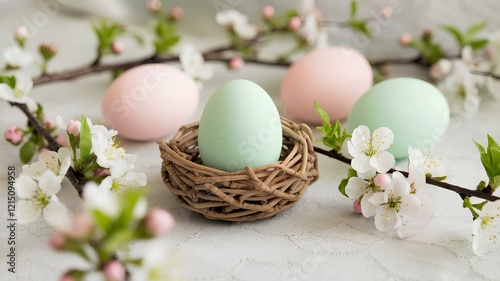 Happy Easter day, colored Easter eggs in a nest, Easter eggs and flowers background with copy space