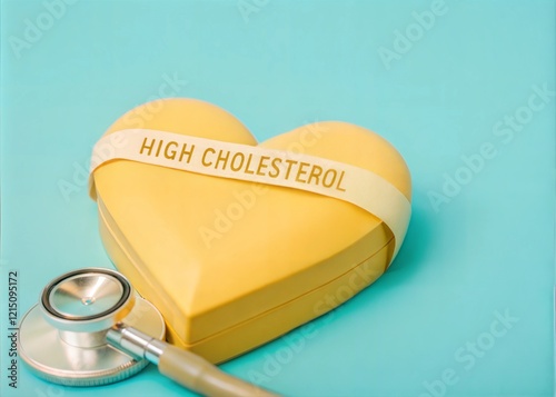 Heart with High Cholesterol Sticker Next to Stethoscope for Health Awareness photo