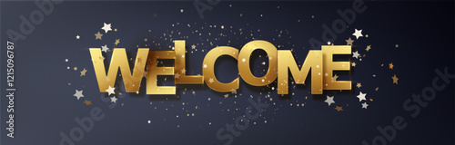 WELCOME gold letters banner. Welcome poster on black background. Vector paper illustration
