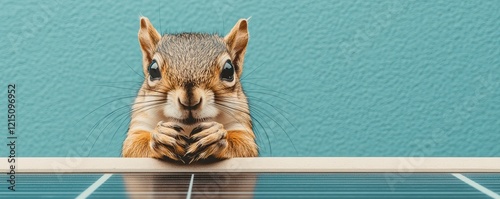 Wallpaper Mural A curious squirrel peeks over a ledge, showcasing its attentive expression against a vibrant teal background. Torontodigital.ca