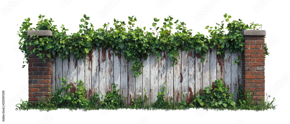 weathered wooden fence covered in green vines and bricks, showcasing nature reclaiming beauty