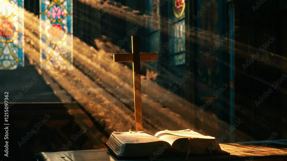 Dramatic sunbeams illuminate a wooden cross and an open Bible in a peaceful church setting with warm golden tones.