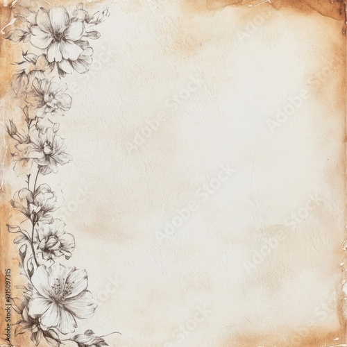 Antique Floral Sketch Border on Aged Paper Background