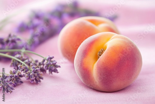 Fresh peaches with a soft blush and delicate lavender flowers on a pink fabric surface, showcasing natural beauty and vibrant colors in a rustic setting