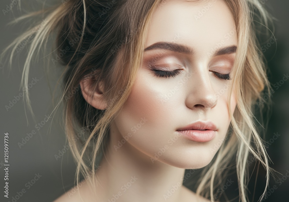 Naklejka premium Close-up of a woman with soft makeup and closed eyes, radiating beauty