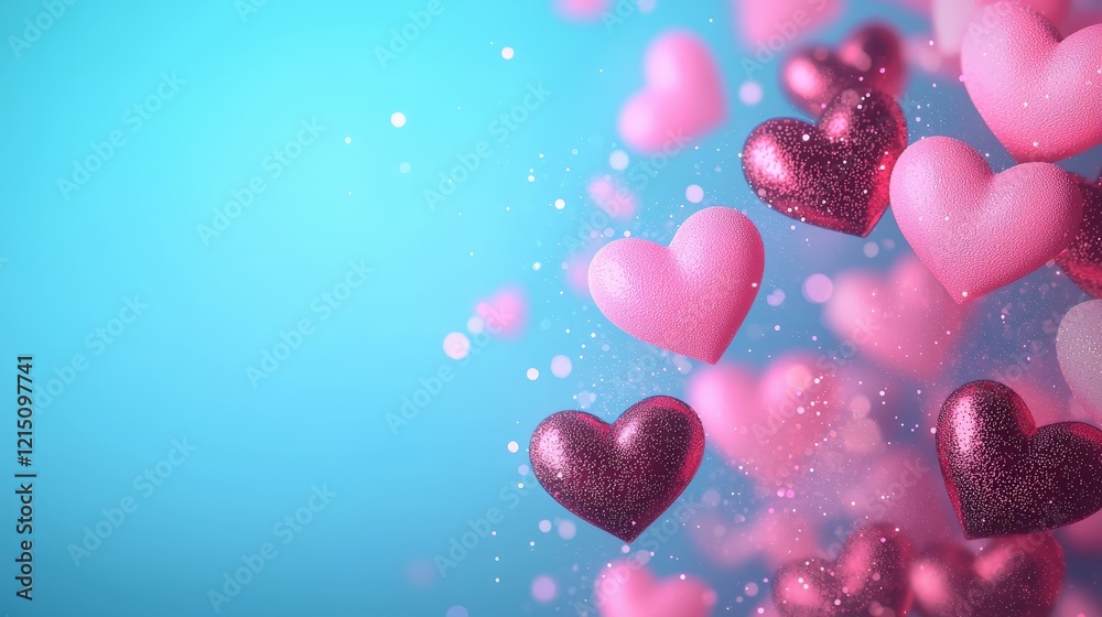 Glittering Hearts Floating in a Blue Background with Bokeh Effect Glittering Hearts Floating in a Blue Background with Bokeh Effect