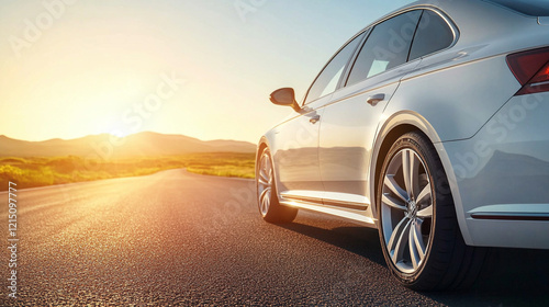 Streaks of light from a fast-moving car against a vivid blue sky showcasing high-speed motion blur effect light trails in a minimalistic composition with blank caption space on the side modern and dyn