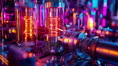 Close-up of a vanadium redox flow battery in a high-tech lab, intricate piping and equipment, sharp lighting, ultra-detailed