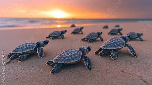 Sea Turtle Hatchlings Chelonia mydas phylum Chordata class Reptilia order Testudines family Cheloniidae making their way across sandy beach toward the ocean at sunrise photo