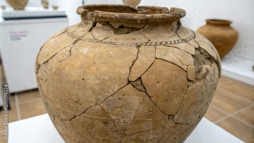 Close-up of an excavated ancient clay vase with cracks and wear, history, potsherd photo