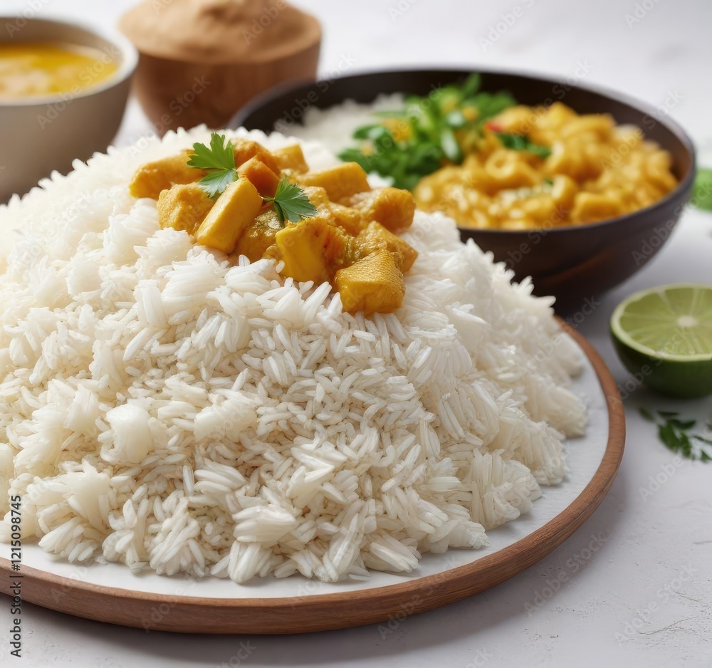 Close-up of aromatic white rice and golden curry on a clean white background, Isolated, spices, lunchtime, rice bowl Close-up of aromatic white rice and golden curry on a clean white background, Isolated, spices, lunchtime, rice bowl
