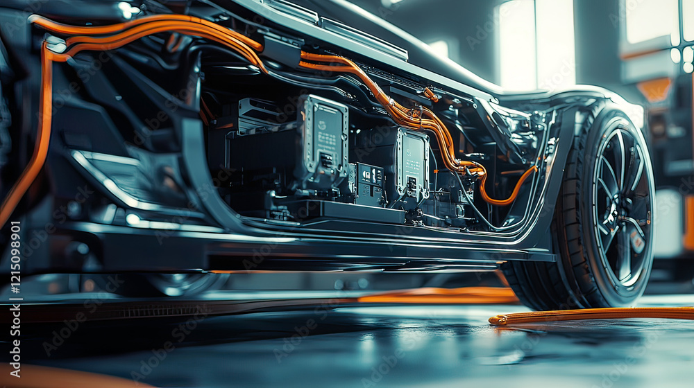 Fototapeta premium Close-up of advanced EV battery pack in a high-tech garage, intricate wiring, ultra-realistic details, photorealistic