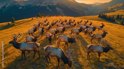 Elk Herd Cervus canadensis phylum Chordata class Mammalia order Artiodactyla family Cervidae grazing a grassy slope their bodies casting long shadows in golden sunset light