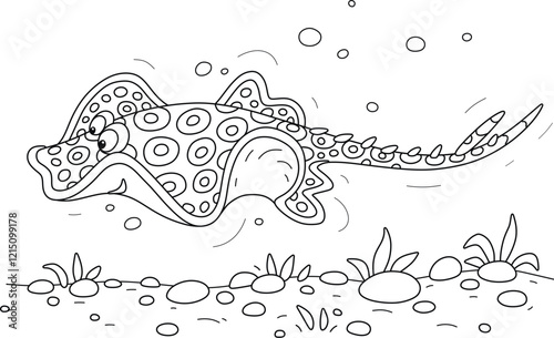 Funny spotted ray swimming over a sandy bottom with round stones and small seaweeds in a tropical sea lagoon, black and white vector cartoon illustration for a coloring book