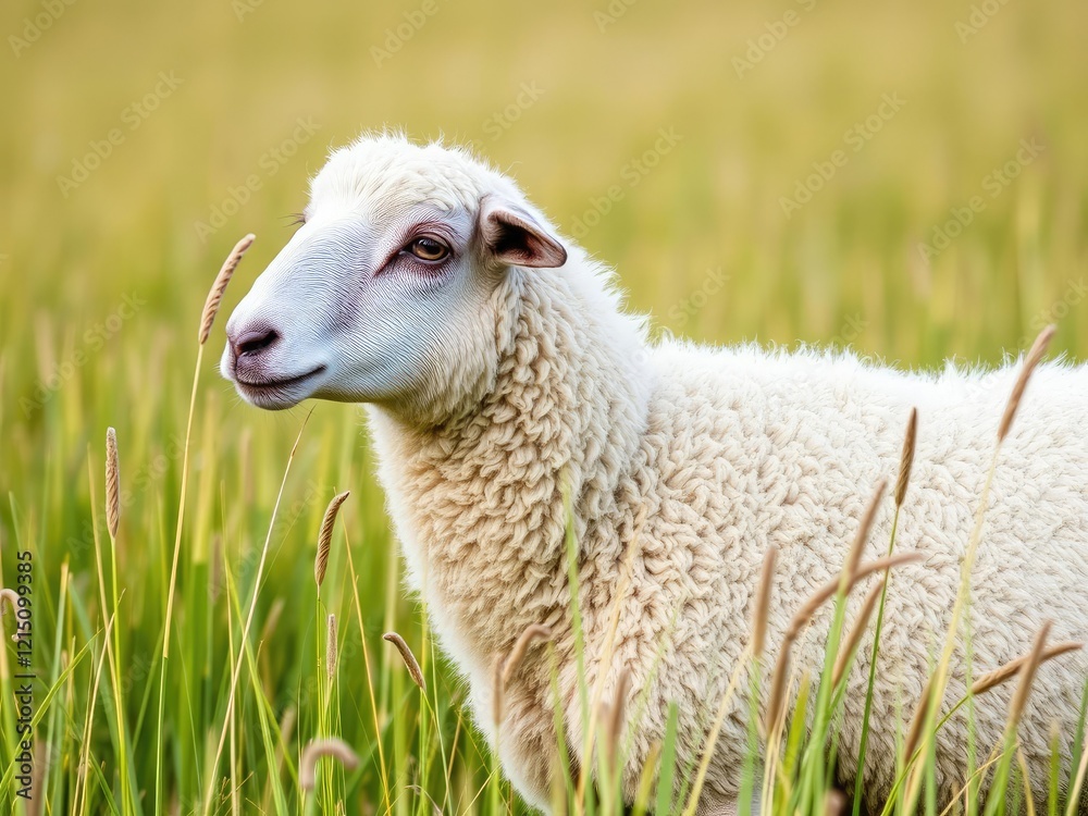 Close-up of a single sheep standing in a field of tall grass near Oxley Creek, wildlife photography, grazing behavior Close-up of a single sheep standing in a field of tall grass near Oxley Creek, wildlife photography, grazing behavior