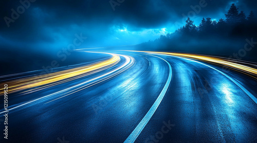 Streaks of light from a fast-moving car against a vivid blue sky showcasing high-speed motion blur effect light trails in a minimalistic composition with blank caption space on the side modern and dyn photo