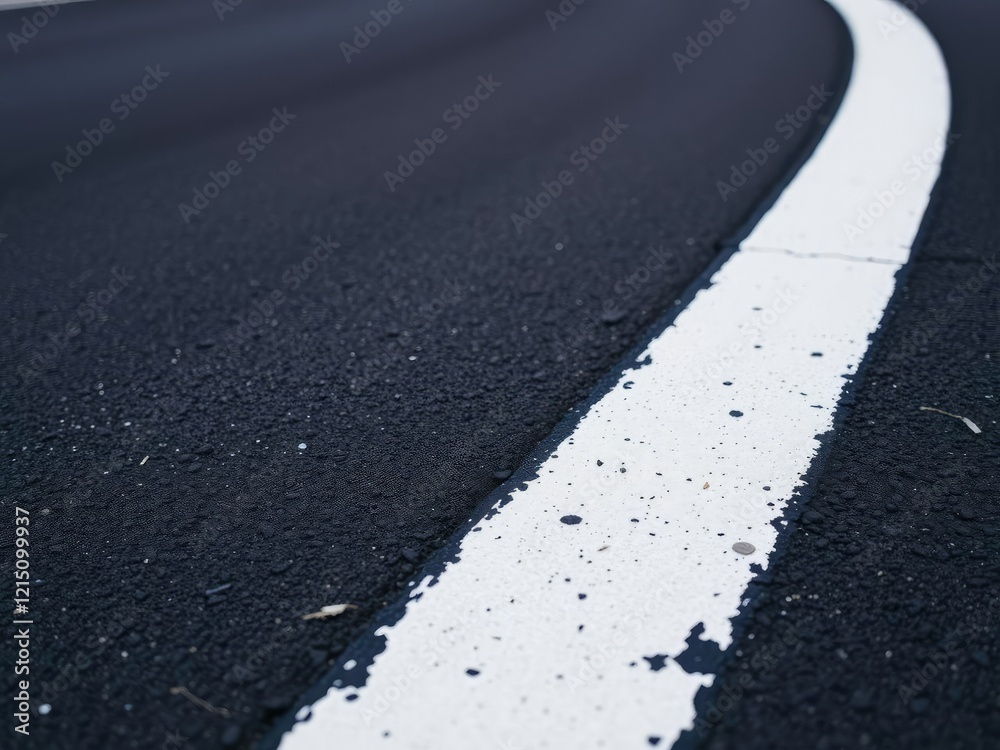 Fototapeta premium Close-up of a white dividing line on a black asphalt road with a slight reflection, road markings, water reflectio