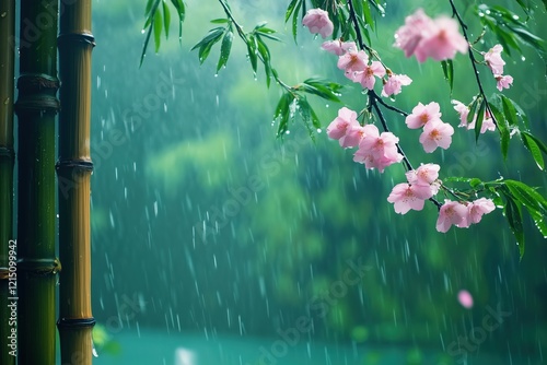 bamboo and and rainy day wellness background, spa and meditation relaxing ambience atmosphere	