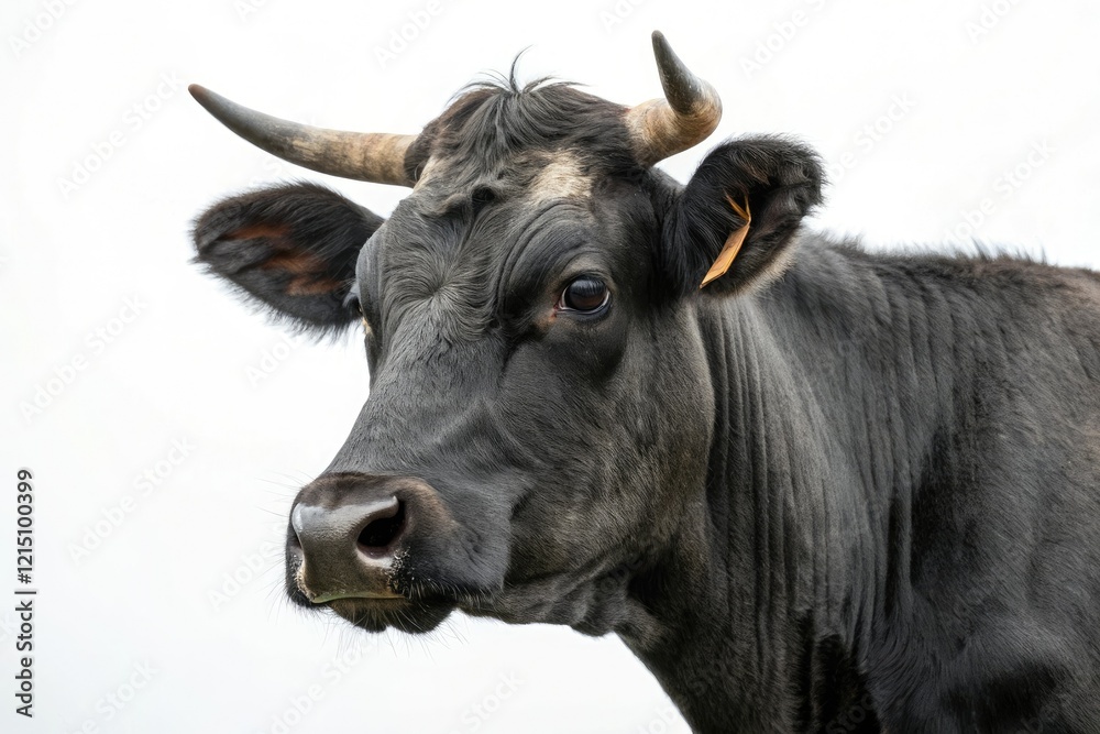 Close-up of black Angus cow's face with a calm expression showcasing its distinctive horn shape and coat pattern, farm animal, meat production, cattle breed, horned cattle Close-up of black Angus cow's face with a calm expression showcasing its distinctive horn shape and coat pattern, farm animal, meat production, cattle breed, horned cattle