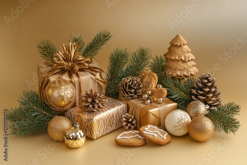 Elegant Golden Christmas Arrangement Featuring Gifts, Pine Cones, Cookies, and Decorative Ornaments on a Rich Gold Background for Holiday Celebrations