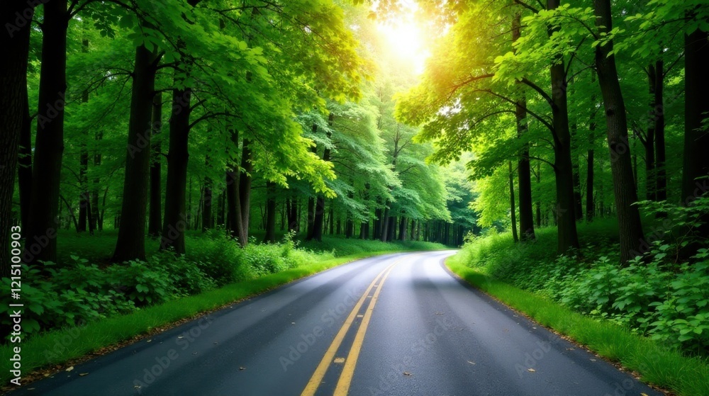 Obraz premium A sunlit asphalt road curves gently through a vibrant green forest canopy, offering a tranquil and scenic driving experience