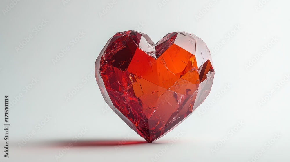 A modern 3D heart with a faceted, gem-like surface in a vibrant red hue, floating on white. A modern 3D heart with a faceted, gem-like surface in a vibrant red hue, floating on white.