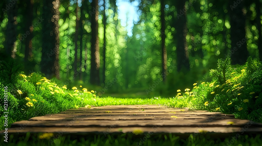 Obraz premium Serene Woodland Pathway Surrounded by Lush Green Foliage