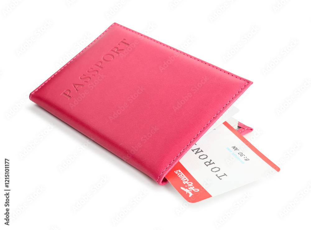 One passport with ticket isolated on white One passport with ticket isolated on white