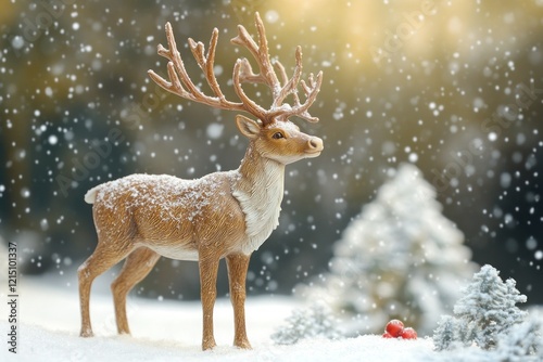 Realistic model of a deer standing on a snowy landscape surrounded by soft falling snowflakes and blurred trees in the background, conveying a serene winter atmosphere