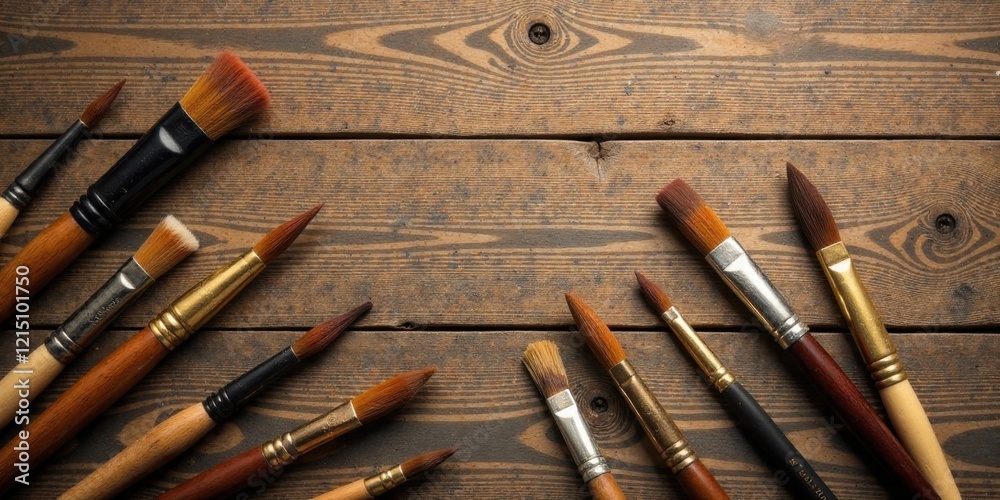 Fototapeta premium Artistic paintbrushes arranged on a rustic wooden surface, creating a visually appealing composition for creative projects and design inspiration