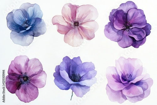 Delicate Watercolor Floral Arrangement Featuring Soft Blue, Pink, and Purple Blooms Captured in Semi-Transparent Artistry for Elegant Decor and Design Projects