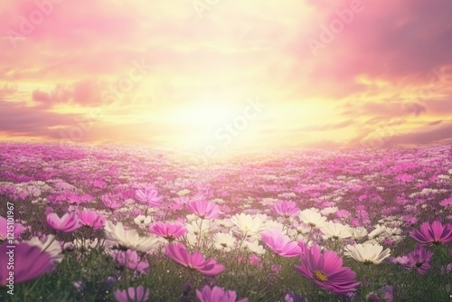 Expansive Field of Vibrant Pink and White Flowers with a Beautiful Sunrise Casting Soft Light on Blooming Nature in a Serene Landscape