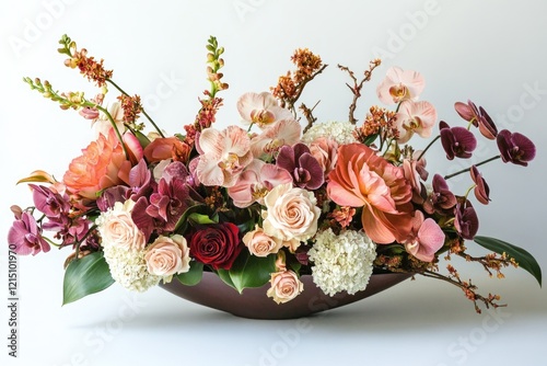 Elegant Floral Arrangement Featuring Orchids, Roses, and Unique Blooms in a Brown Bowl on a White Background Creating a Stunning Centerpiece for Events