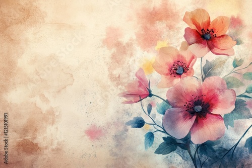 Soft and Ethereal Floral Background Featuring Delicate Pink and Peach Flowers with a Vintage Watercolor Effect for Creative and Elegant Designs