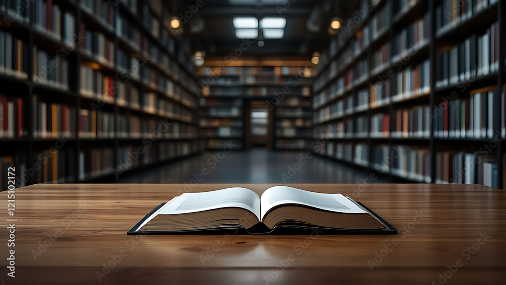 Fototapeta premium Buch offen aufgeschlagen geöffnet auf einem Holztisch vor einer Reihe Bücherregale mit alten Büchern, wie eine Bibliothek, Archiv studieren Literatur Pult Bildung Universität alt Fachhochschule lernen