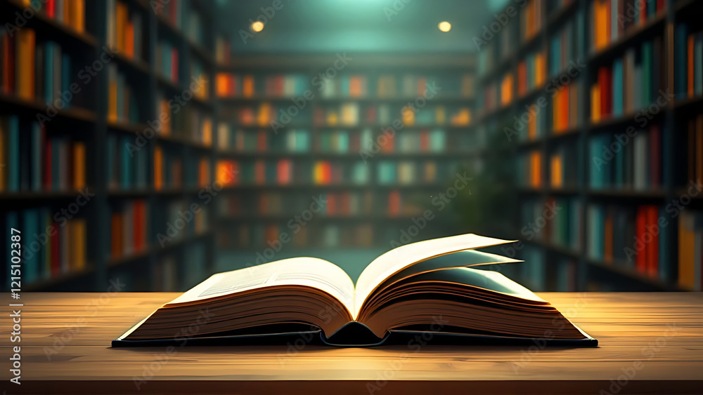 Fototapeta premium Buch offen aufgeschlagen geöffnet auf einem Holztisch vor einer Reihe Bücherregale mit alten Büchern, wie eine Bibliothek, Archiv studieren Literatur Pult Bildung Universität alt Fachhochschule lernen