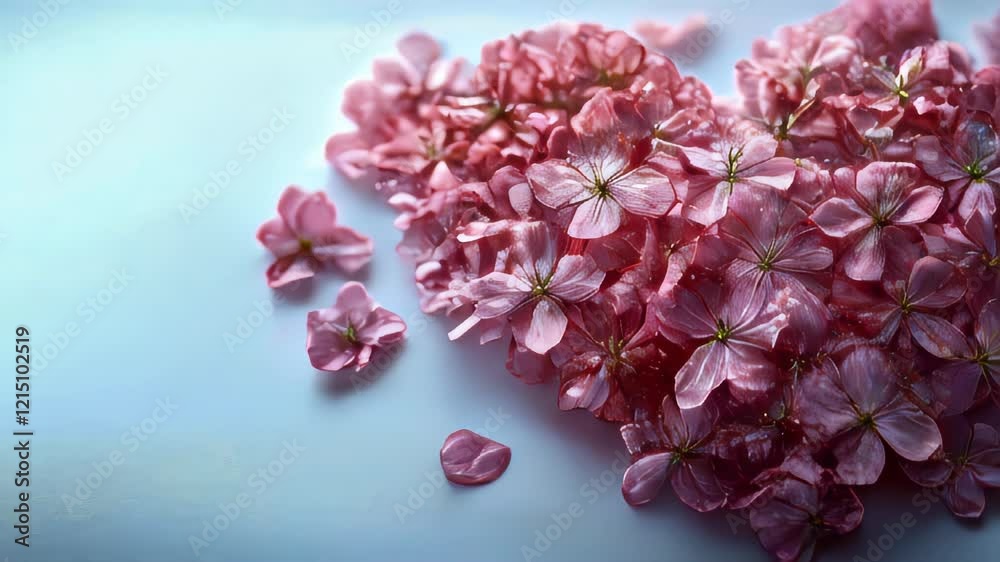 Pink cherry blossoms arranged in a heart shape with water droplets, symbolizing love and romance