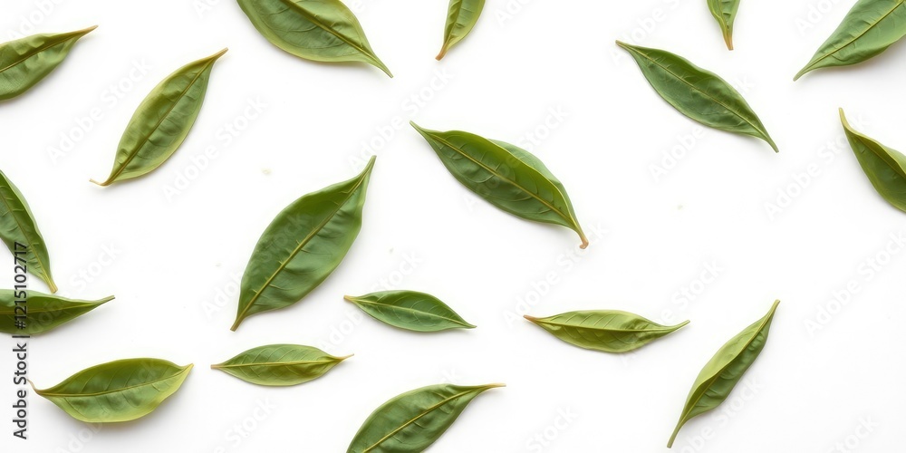 Naklejka premium Close-up of isolated green tea leaves on a white background with subtle texture, outdoors, leafy greens, isolation