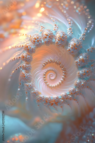 Close-up view of a swirling abstract fractal design with soft pastel colors and intricate details