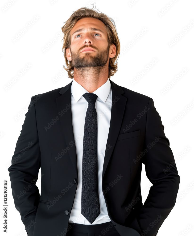 Confident man in formal suit looking upwards with a thoughtful expression against a transparent background Confident man in formal suit looking upwards with a thoughtful expression against a transparent background