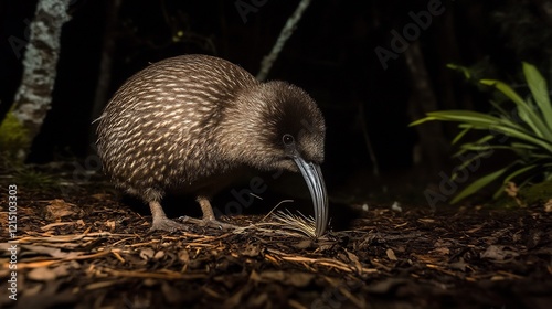 Kiwi Bird Apteryx mantelli phylum Chordata class Aves order Apterygiformes family Apterygidae foraging under moonlight New Zealand forests its long beak subtly illuminated by soft lighting photo