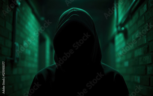 faceless figure in a black hood in a brick corridor with ForestGreen lighting