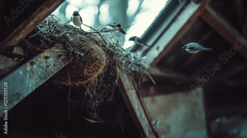 Birds perch and flit around a rustic nest under the slanted wooden beams of a weathered barn, embodying nature's resilience.