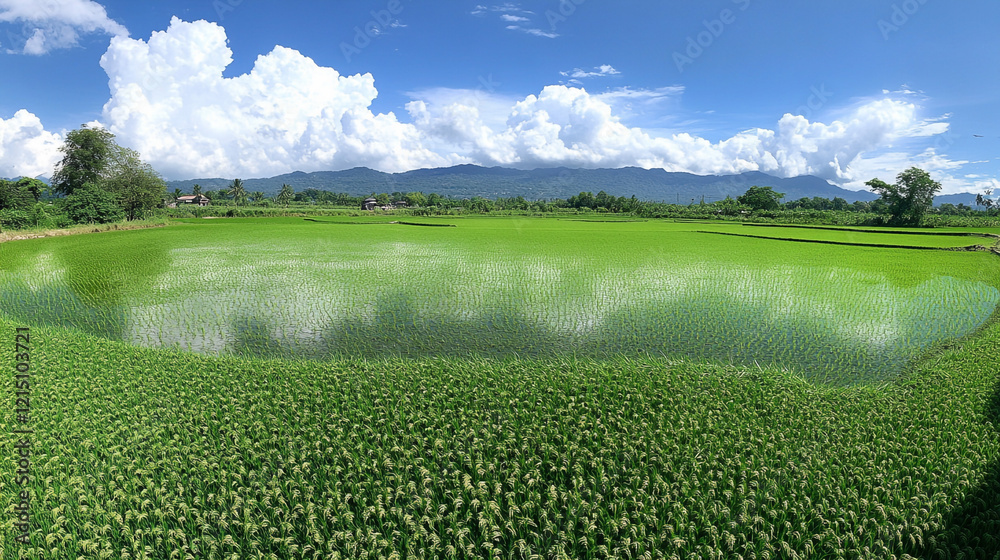 Fototapeta premium Lush Green Rice Paddy Field Landscape Mountains Blue Sky Clouds